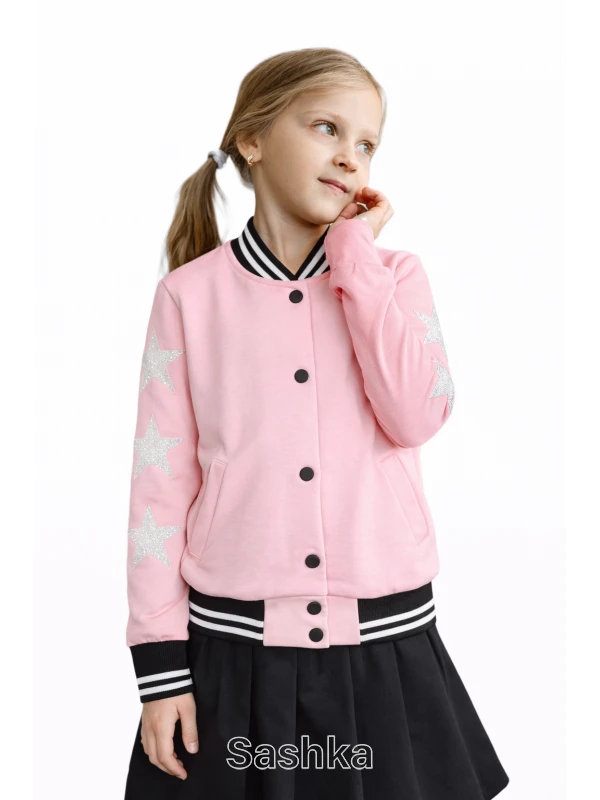 Бомбер для дівчинки Sashka трикотажний (двунитка) рожевий з зірками, розмір 98-182